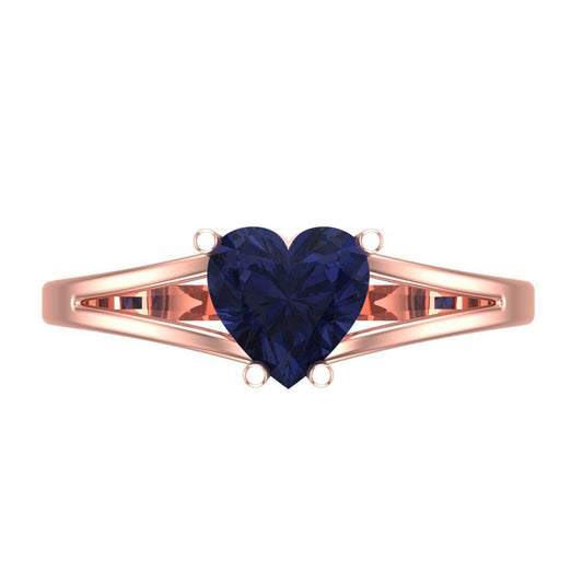 1 cttw Simulated Blue Sapphire Solitaire  Engagement Ring - Solid Rose Gold (VVS1, Heart Cut,6.5mm)