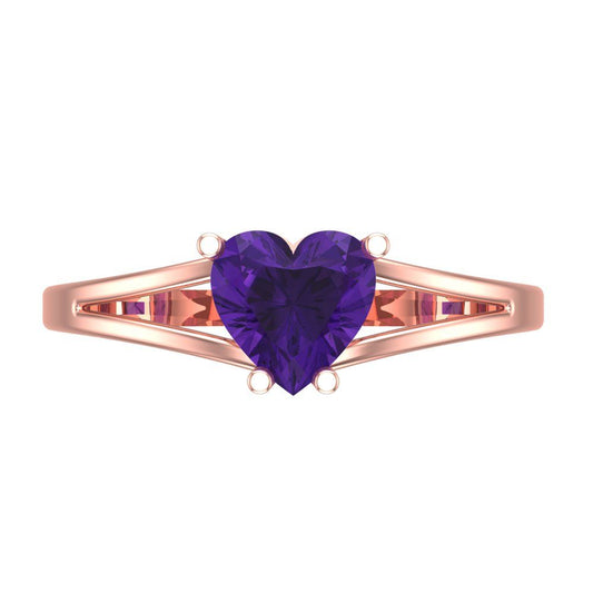 1 cttw Natural Amethyst Solitaire  Engagement Ring - Solid Rose Gold (VVS1, Heart Cut,6.5mm)