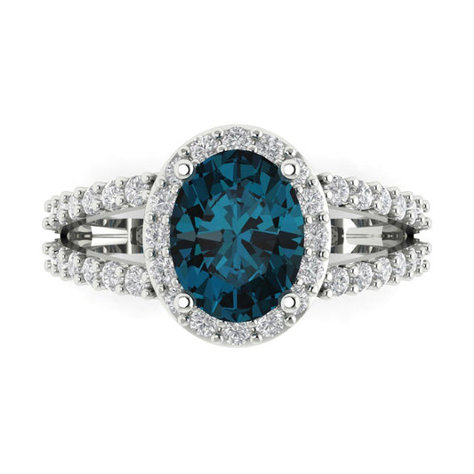 2.6 cttw Natural London Blue Topaz Solitaire with Zirconia Simulated Diamond Accents Engagement Ring - Solid White Gold (VVS1, Oval Cut,9x7mm)