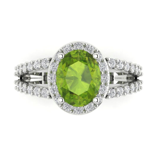 2.6 cttw Natural Peridot Solitaire with Zirconia Simulated Diamond Accents Engagement Ring - Solid White Gold (VVS1, Oval Cut,9x7mm)