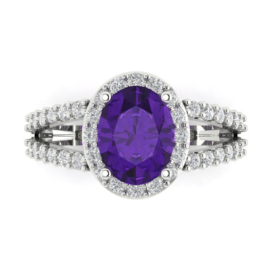 2.6 cttw Natural Amethyst Solitaire with Zirconia Simulated Diamond Accents Engagement Ring - Solid White Gold (VVS1, Oval Cut,9x7mm)