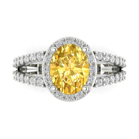2.6 cttw Zirconia Simulated Yellow Diamond Solitaire with Zirconia Simulated Diamond Accents Engagement Ring - Solid White Gold (VVS1, Oval Cut,9x7mm)