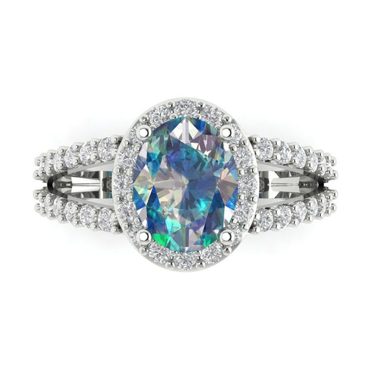 2.6 cttw Blue Moissanite Solitaire with Zirconia Simulated Diamond Accents Engagement Ring - Solid White Gold (VVS1, Oval Cut,9x7mm)