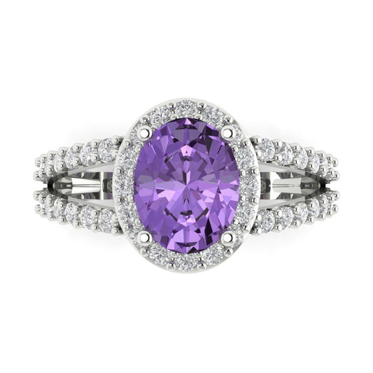 2.6 cttw Simulated Alexandrite Solitaire with Zirconia Simulated Diamond Accents Engagement Ring - Solid White Gold (VVS1, Oval Cut,9x7mm)