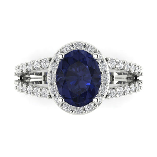 2.6 cttw Simulated Blue Sapphire Solitaire with Zirconia Simulated Diamond Accents Engagement Ring - Solid White Gold (VVS1, Oval Cut,9x7mm)