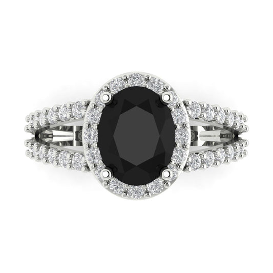 2.6 cttw Natural Onyx Solitaire with Zirconia Simulated Diamond Accents Engagement Ring - Solid White Gold (VVS1, Oval Cut,9x7mm)