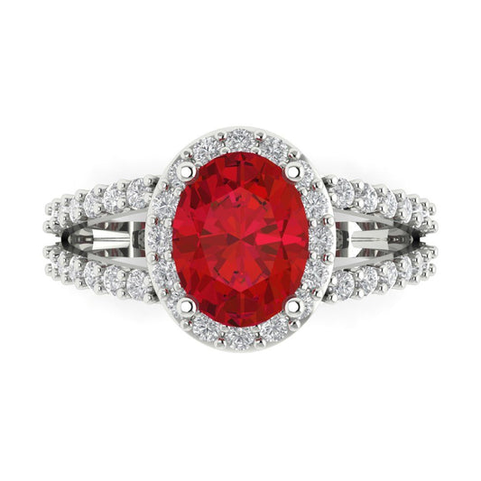 2.6 cttw Simulated Ruby Solitaire with Zirconia Simulated Diamond Accents Engagement Ring - Solid White Gold (VVS1, Oval Cut,9x7mm)