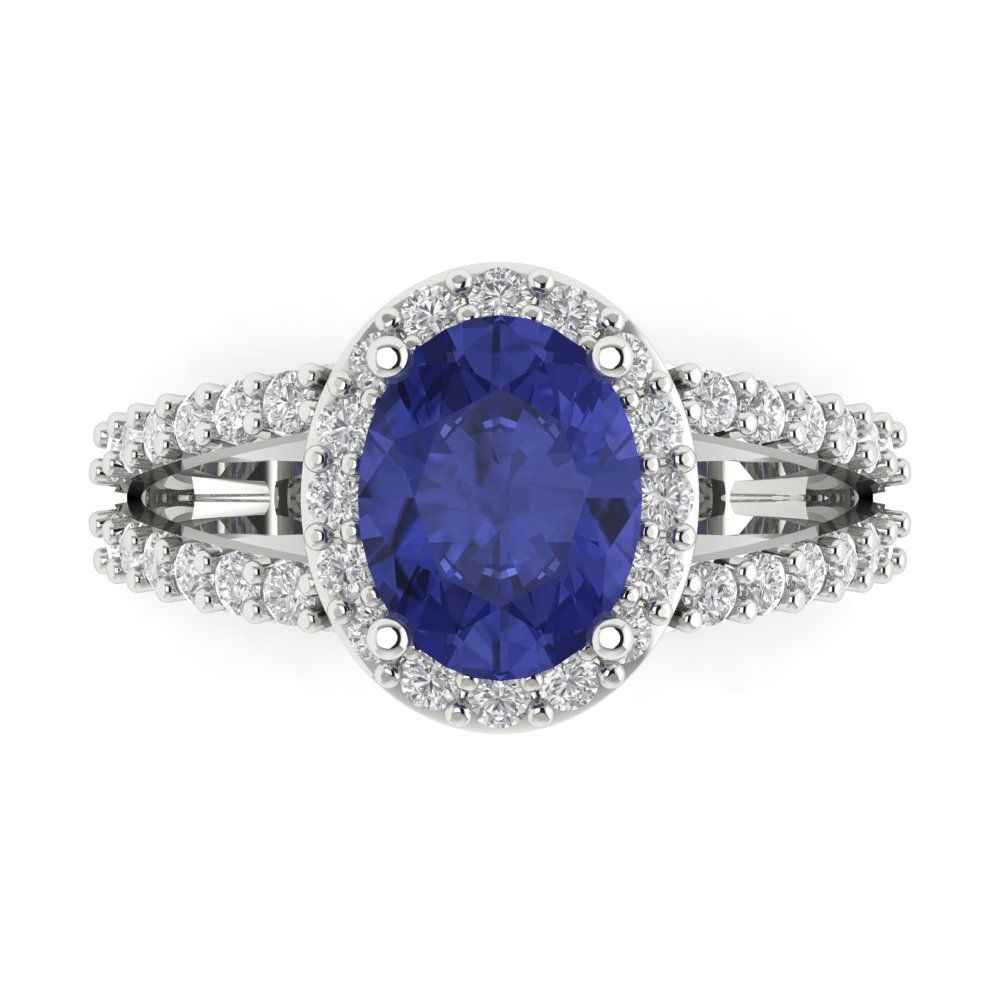 2.6 cttw Simulated Tanzanite Solitaire with Zirconia Simulated Diamond Accents Engagement Ring - Solid Gold (Oval Cut,9x7mm)