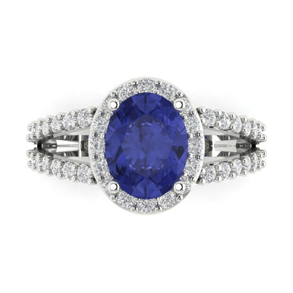 2.6 cttw Simulated Tanzanite Solitaire with Zirconia Simulated Diamond Accents Engagement Ring - Solid Gold (Oval Cut,9x7mm)