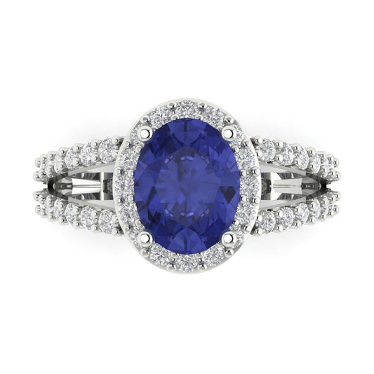 2.6 cttw Simulated Tanzanite Solitaire with Zirconia Simulated Diamond Accents Engagement Ring - Solid White Gold (VVS1, Oval Cut,9x7mm)