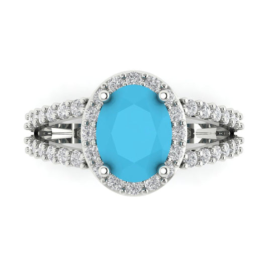 2.6 cttw Simulated Turquoise Solitaire with Zirconia Simulated Diamond Accents Engagement Ring - Solid White Gold (VVS1, Oval Cut,9x7mm)