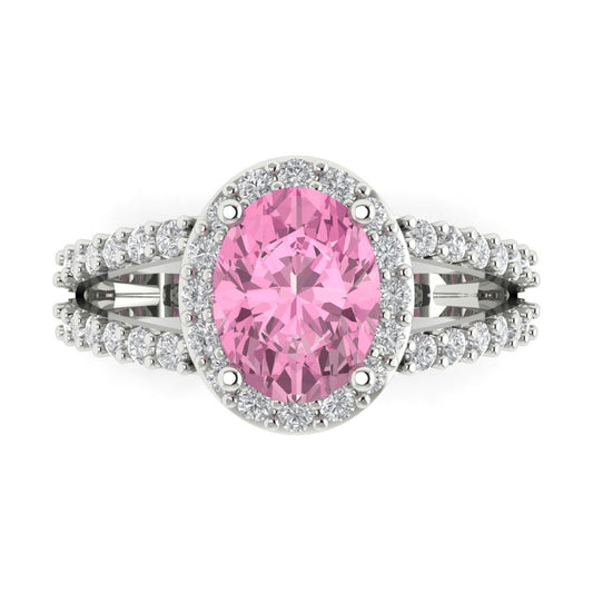 2.6 cttw Zirconia Simulated Pink Diamond Solitaire with Zirconia Simulated Diamond Accents Engagement Ring - Solid White Gold (VVS1, Oval Cut,9x7mm)