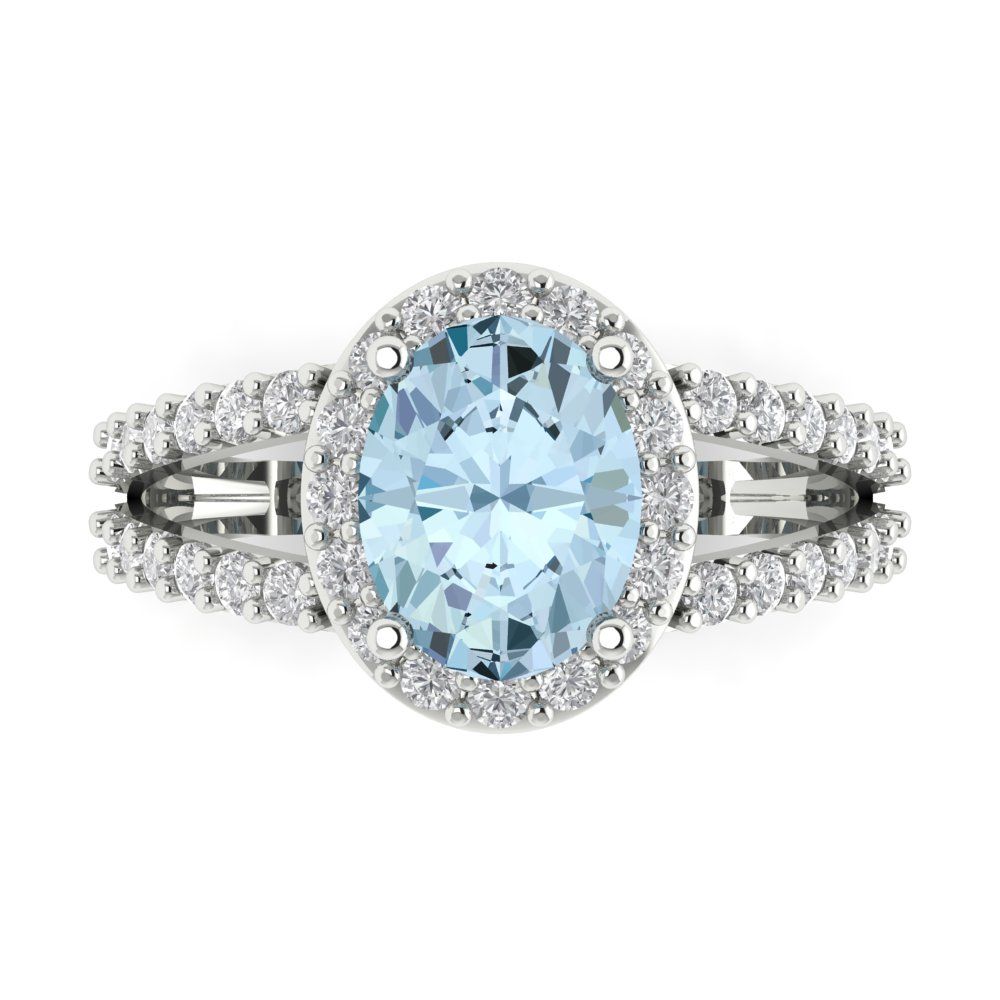 2.6 cttw Natural Aquamarine Solitaire with Zirconia Simulated Diamond Accents Engagement Ring - Solid Gold (Oval Cut,9x7mm)