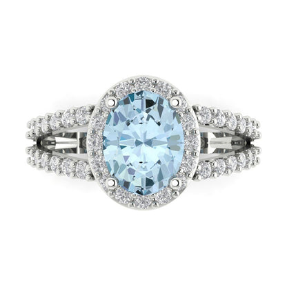 2.6 cttw Natural Aquamarine Solitaire with Zirconia Simulated Diamond Accents Engagement Ring - Solid Gold (Oval Cut,9x7mm)