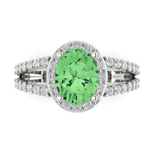 2.6 cttw Zirconia Simulated Green Diamond Solitaire with Zirconia Simulated Diamond Accents Engagement Ring - Solid White Gold (VVS1, Oval Cut,9x7mm)