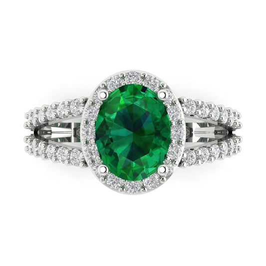 2.6 cttw Simulated Emerald Solitaire with Zirconia Simulated Diamond Accents Engagement Ring - Solid White Gold (VVS1, Oval Cut,9x7mm)