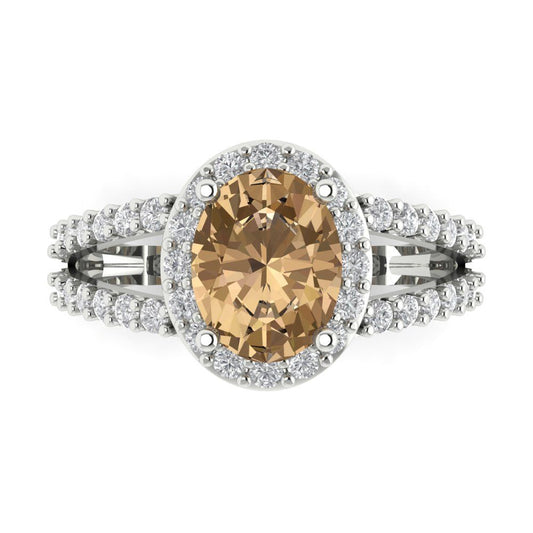 2.6 cttw Zirconia Simulated Champagne Diamond Solitaire with Zirconia Simulated Diamond Accents Engagement Ring - Solid White Gold (VVS1, Oval Cut,9x7mm)