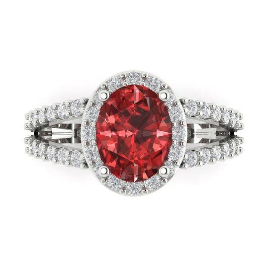 2.6 cttw Natural Garnet Solitaire with Zirconia Simulated Diamond Accents Engagement Ring - Solid White Gold (VVS1, Oval Cut,9x7mm)