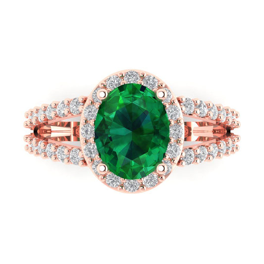 2.6 cttw Simulated Emerald Solitaire with Zirconia Simulated Diamond Accents Engagement Ring - Solid Rose Gold (VVS1, Oval Cut,9x7mm)