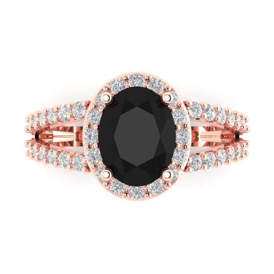 2.6 cttw Natural Onyx Solitaire with Zirconia Simulated Diamond Accents Engagement Ring - Solid Rose Gold (VVS1, Oval Cut,9x7mm)