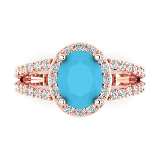 2.6 cttw Simulated Turquoise Solitaire with Zirconia Simulated Diamond Accents Engagement Ring - Solid Rose Gold (VVS1, Oval Cut,9x7mm)