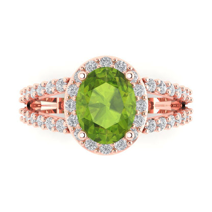 2.6 cttw Natural Peridot Solitaire with Zirconia Simulated Diamond Accents Engagement Ring - Solid Gold (Oval Cut,9x7mm)