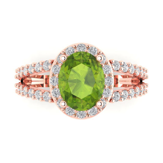 2.6 cttw Natural Peridot Solitaire with Zirconia Simulated Diamond Accents Engagement Ring - Solid Rose Gold (VVS1, Oval Cut,9x7mm)