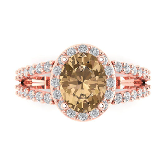 2.6 cttw Zirconia Simulated Champagne Diamond Solitaire with Zirconia Simulated Diamond Accents Engagement Ring - Solid Rose Gold (VVS1, Oval Cut,9x7mm)