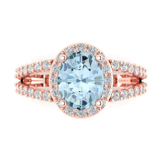 2.6 cttw Natural Swiss Blue Topaz Solitaire with Zirconia Simulated Diamond Accents Engagement Ring - Solid Rose Gold (VVS1, Oval Cut,9x7mm)