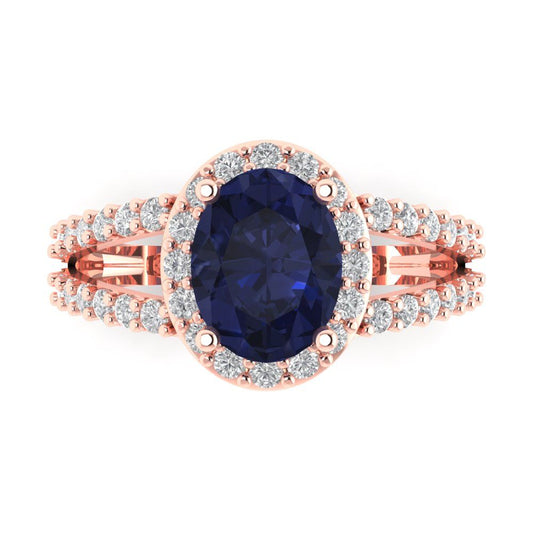 2.6 cttw Simulated Blue Sapphire Solitaire with Zirconia Simulated Diamond Accents Engagement Ring - Solid Rose Gold (VVS1, Oval Cut,9x7mm)