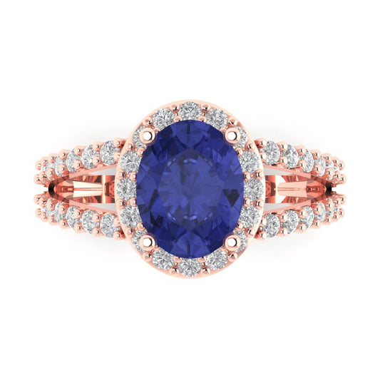 2.6 cttw Simulated Tanzanite Solitaire with Zirconia Simulated Diamond Accents Engagement Ring - Solid Rose Gold (VVS1, Oval Cut,9x7mm)