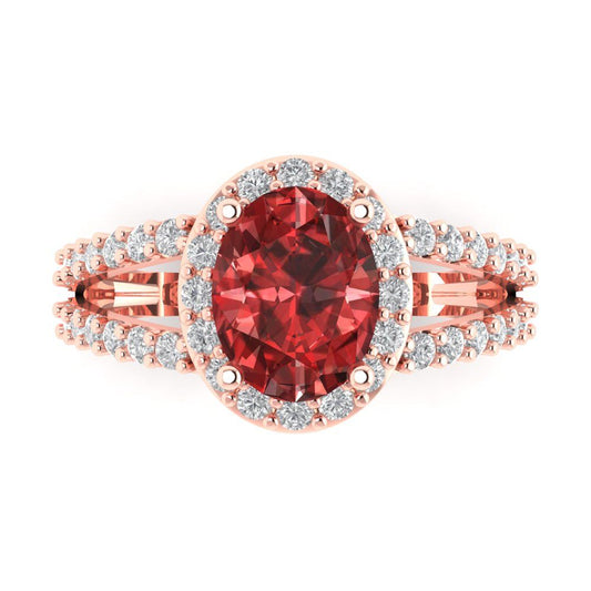 2.6 cttw Natural Garnet Solitaire with Zirconia Simulated Diamond Accents Engagement Ring - Solid Rose Gold (VVS1, Oval Cut,9x7mm)