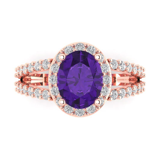 2.6 cttw Natural Amethyst Solitaire with Zirconia Simulated Diamond Accents Engagement Ring - Solid Rose Gold (VVS1, Oval Cut,9x7mm)
