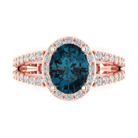 2.6 cttw Natural London Blue Topaz Solitaire with Zirconia Simulated Diamond Accents Engagement Ring - Solid Rose Gold (VVS1, Oval Cut,9x7mm)
