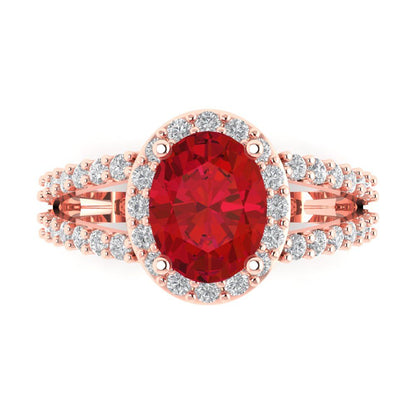 2.6 cttw Simulated Ruby Solitaire with Zirconia Simulated Diamond Accents Engagement Ring - Solid Rose Gold (VVS1, Oval Cut,9x7mm)