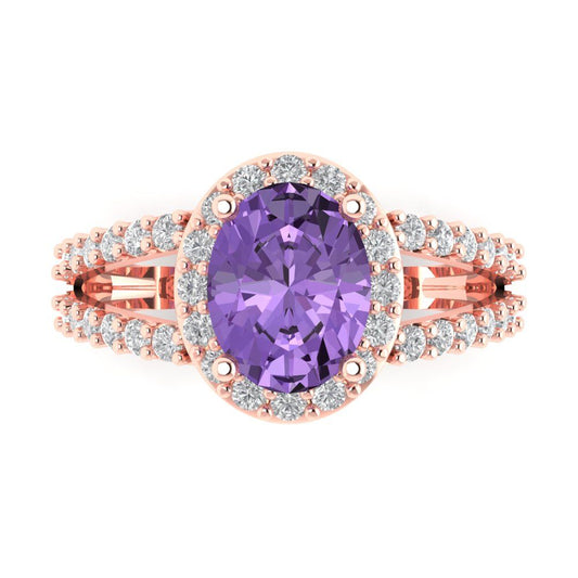 2.6 cttw Simulated Alexandrite Solitaire with Zirconia Simulated Diamond Accents Engagement Ring - Solid Rose Gold (VVS1, Oval Cut,9x7mm)