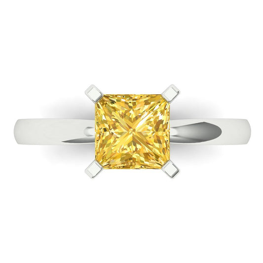 1.5 cttw Zirconia Simulated Yellow Diamond Solitaire  Engagement Ring - Solid White Gold (VVS1, Princess Cut,6.5mm)