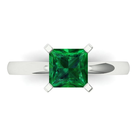 1.5 cttw Simulated Emerald Solitaire  Engagement Ring - Solid White Gold (VVS1, Princess Cut,6.5mm)