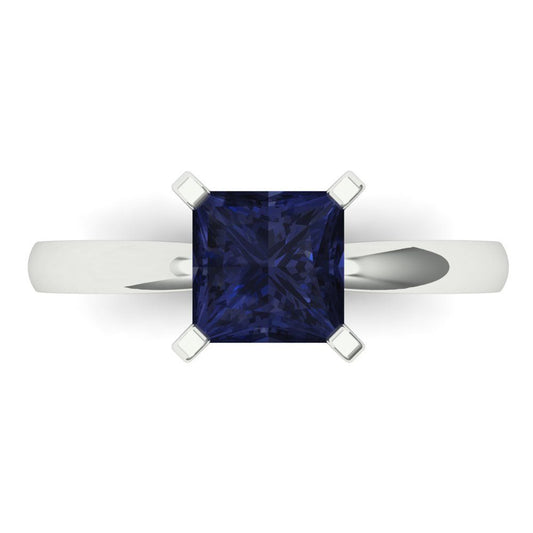 1.5 cttw Simulated Blue Sapphire Solitaire  Engagement Ring - Solid White Gold (VVS1, Princess Cut,6.5mm)