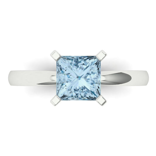 1.5 cttw Natural Aquamarine Solitaire  Engagement Ring - Solid White Gold (VVS1, Princess Cut,6.5mm)