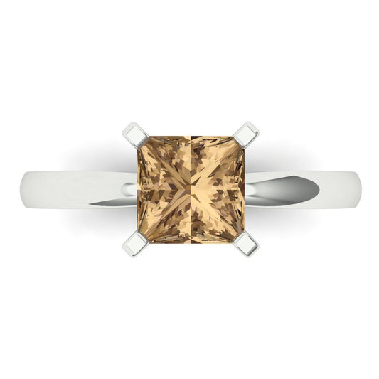 1.5 cttw Zirconia Simulated Champagne Diamond Solitaire  Engagement Ring - Solid White Gold (VVS1, Princess Cut,6.5mm)