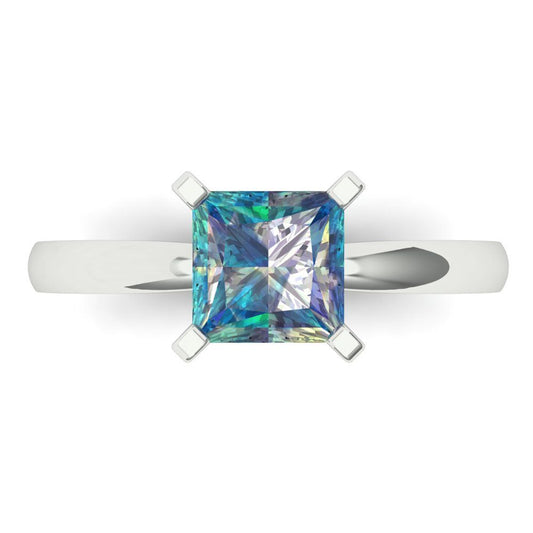 1.5 cttw Blue Moissanite Solitaire  Engagement Ring - Solid White Gold (VVS1, Princess Cut,6.5mm)