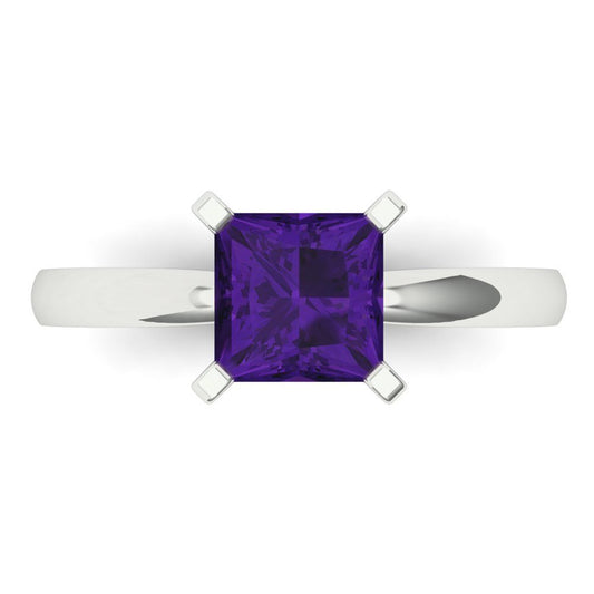 1.5 cttw Natural Amethyst Solitaire  Engagement Ring - Solid White Gold (VVS1, Princess Cut,6.5mm)