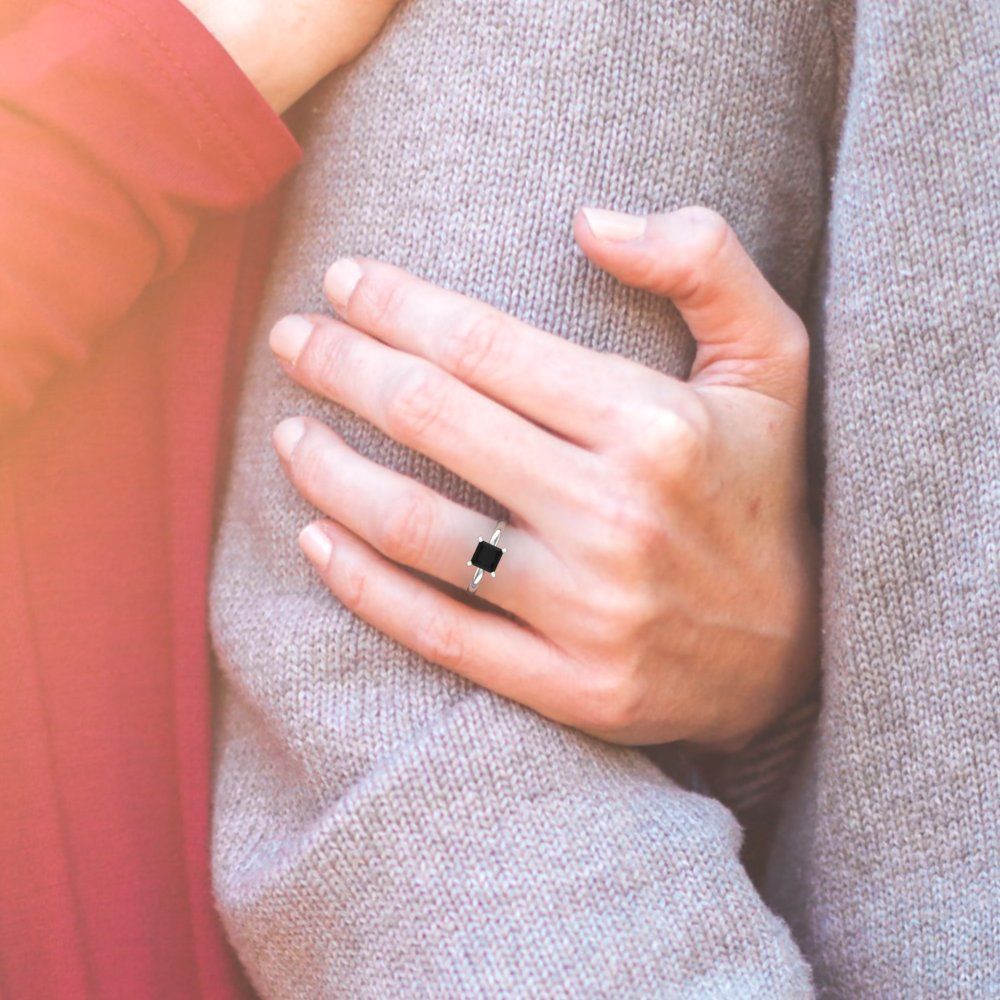 1.5 cttw Natural Onyx Solitaire  Engagement Ring - Solid White Gold (VVS1, Princess Cut,6.5mm)