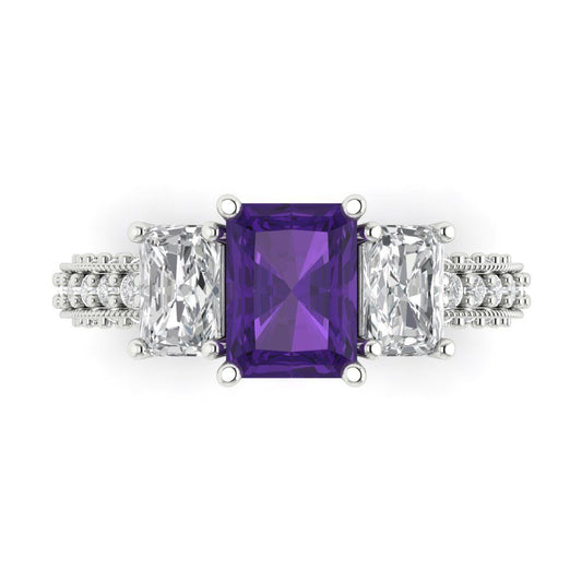 3.61 cttw Natural Amethyst Three-Stone Engagement Ring - Solid White Gold (VVS1, Emerald Cut,8x6mm)
