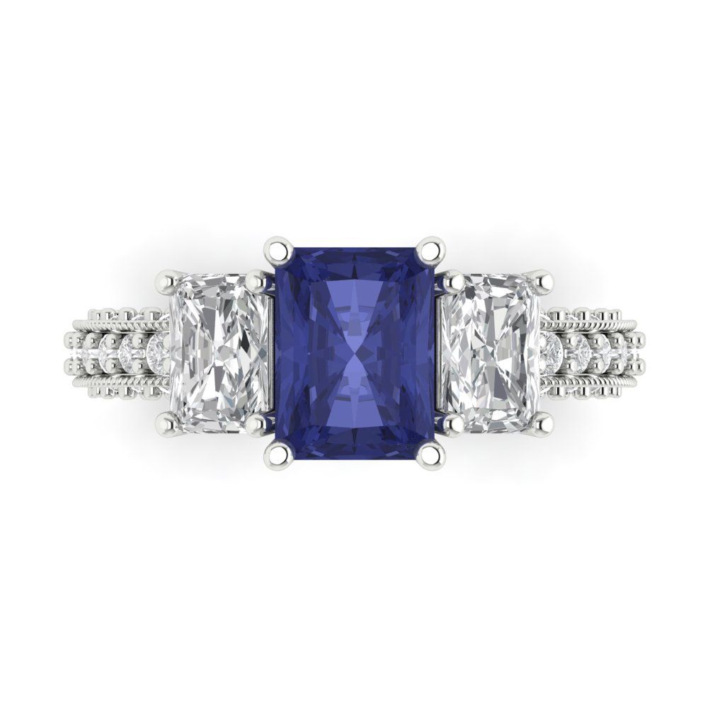 3.61 cttw Simulated Tanzanite Three-Stone Engagement Ring - Solid Gold (Emerald Cut,8x6mm)
