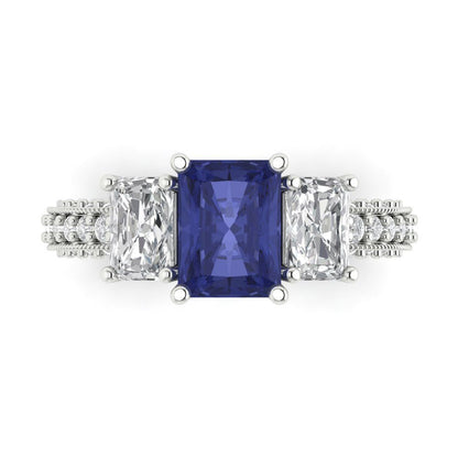 3.61 cttw Simulated Tanzanite Three-Stone Engagement Ring - Solid Gold (Emerald Cut,8x6mm)