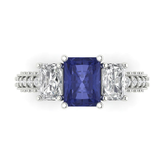 3.61 cttw Simulated Tanzanite Three-Stone Engagement Ring - Solid White Gold (VVS1, Emerald Cut,8x6mm)