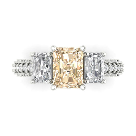3.61 cttw Natural Morganite Three-Stone Engagement Ring - Solid White Gold (VVS1, Emerald Cut,8x6mm)