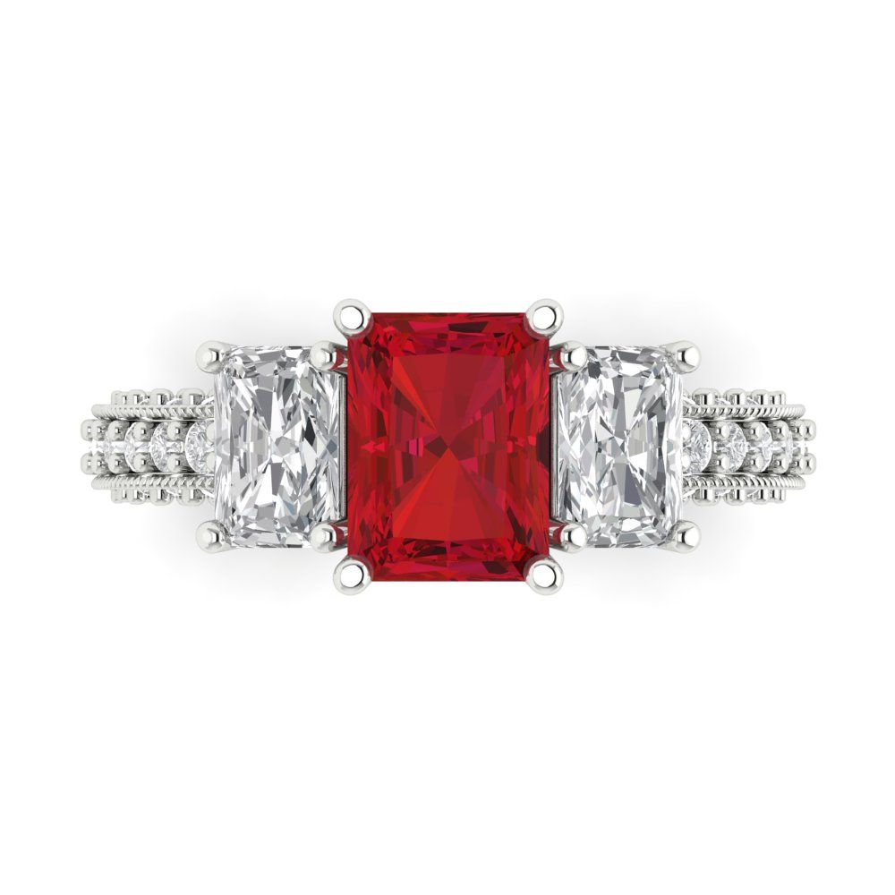 3.61 cttw Simulated Ruby Three-Stone Engagement Ring - Solid Gold (Emerald Cut,8x6mm)